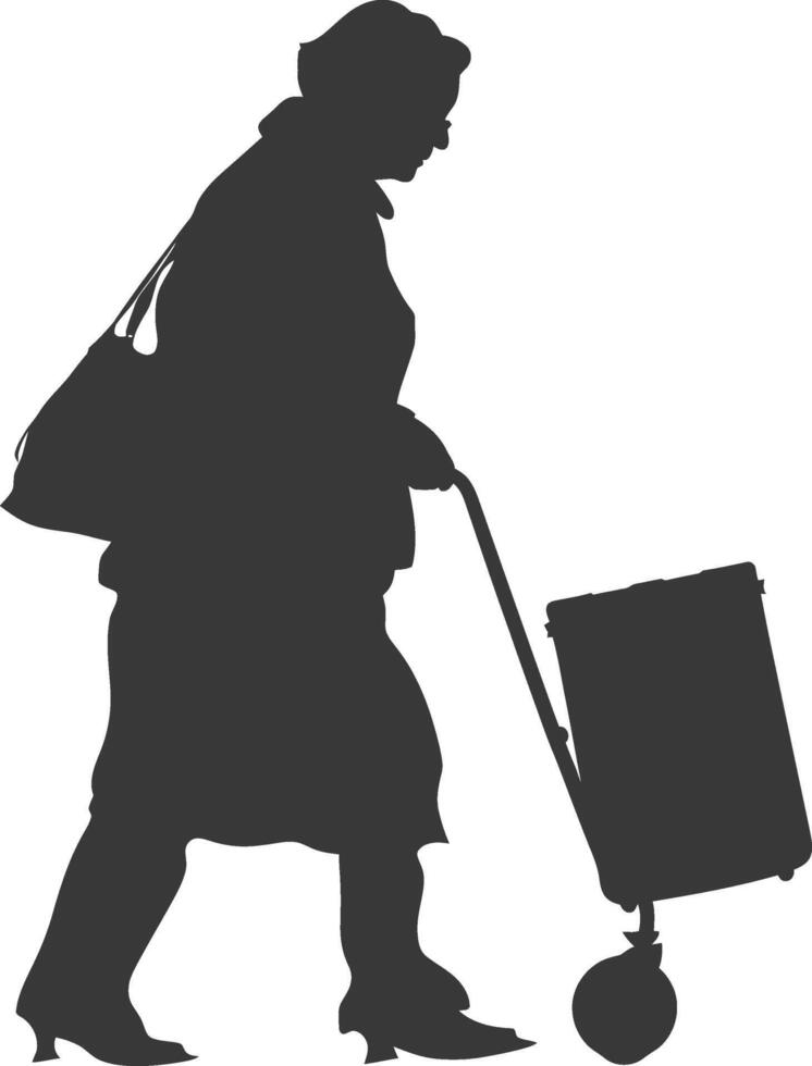 silhouette elderly woman carry goods in loader box black color only vector