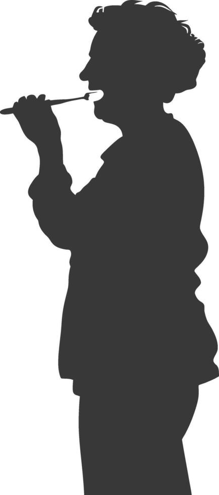 silhouette elderly woman brushing his teeth in front of mirror black color only vector