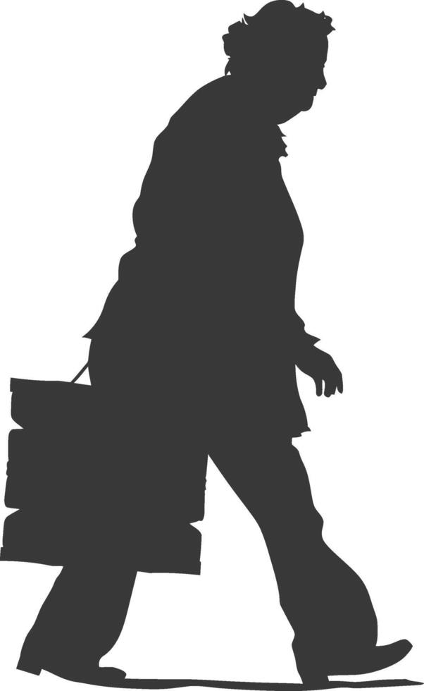 silhouette elderly woman carry goods in loader box black color only vector