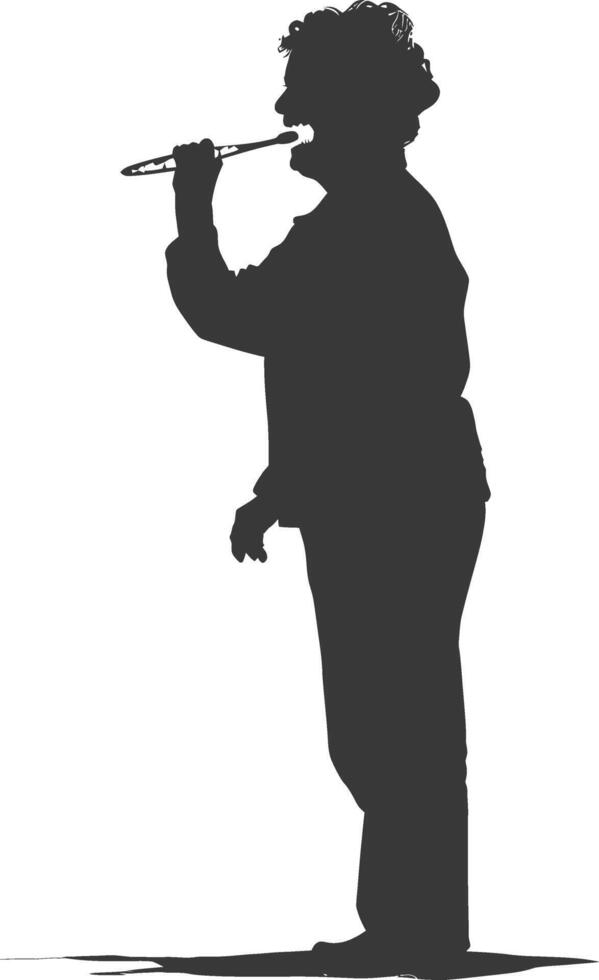 silhouette elderly woman brushing his teeth in front of mirror black color only vector