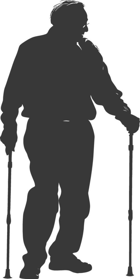 silhouette elderly man with walking stick full body black color only vector