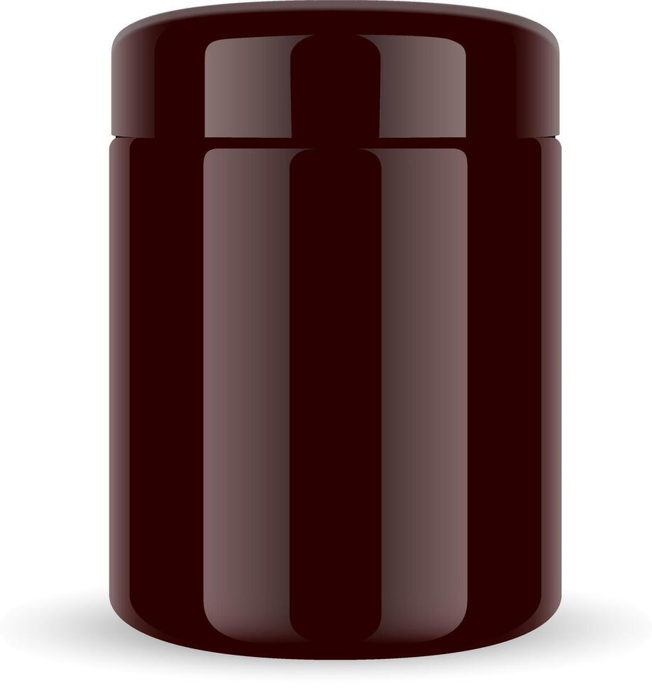 Brown Jar Isolated. Amber Cosmetic Bottle Mockup. Illustration of Realistic Round 3d Container for Sport Treatment, Cream, Nutrition, Vitamin. Gloss Glass Or Plastic Premium Package. vector