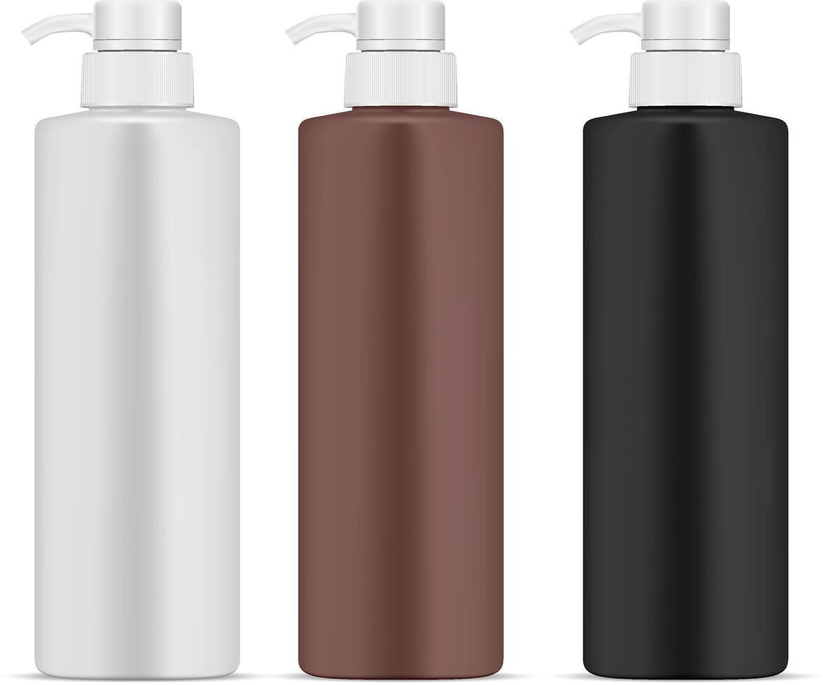 Pump Dispenser Bottle Set. 3d Cosmetic Product Package. Liquid Soap, Shampoo, GEl Container Pack vith Push Valve. Realistic Press Batcher for Medicine Treatment Skin Serum. Moisturizer Tube Blank. vector