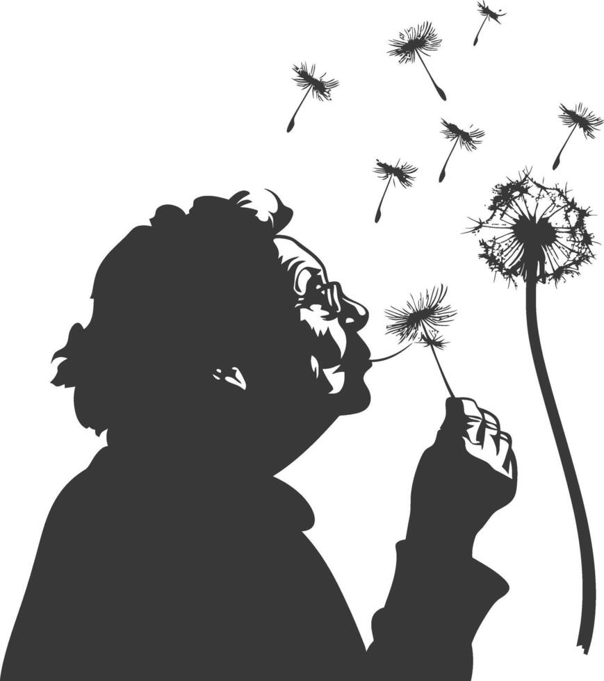 silhouette elderly woman blows dandelion flower black color only vector