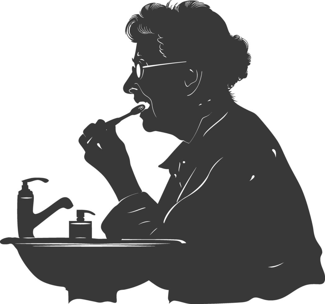 silhouette elderly woman brushing his teeth in front of mirror black color only vector