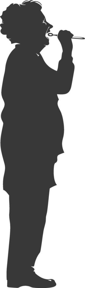silhouette elderly woman brushing his teeth in front of mirror black color only vector