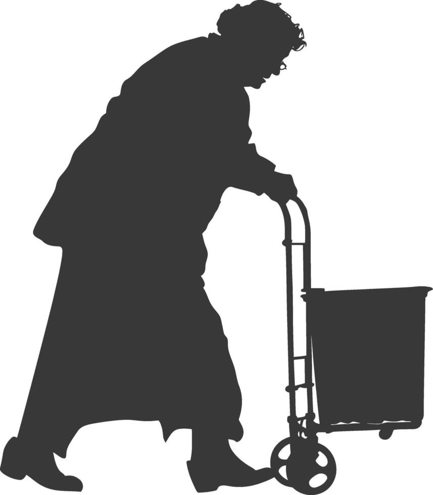 silhouette elderly woman carry goods in loader box black color only vector