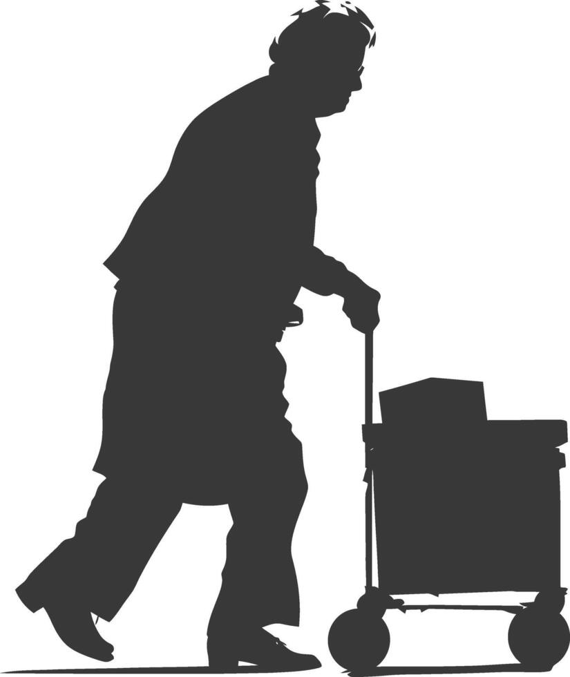 silhouette elderly woman carry goods in loader box black color only vector