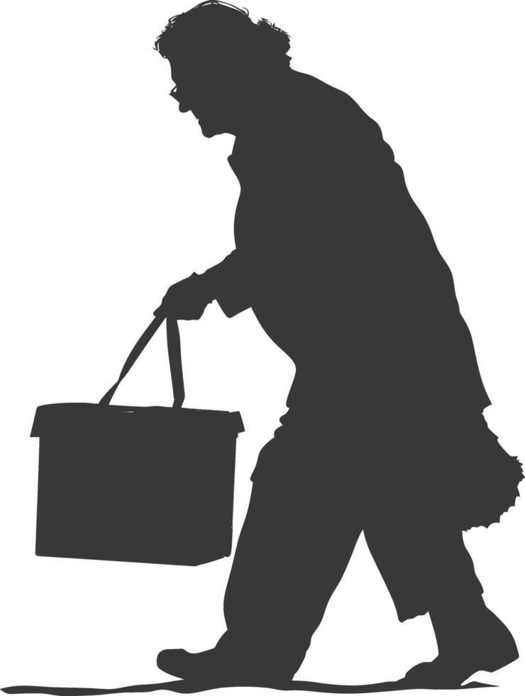 silhouette elderly woman carry goods in loader box black color only vector