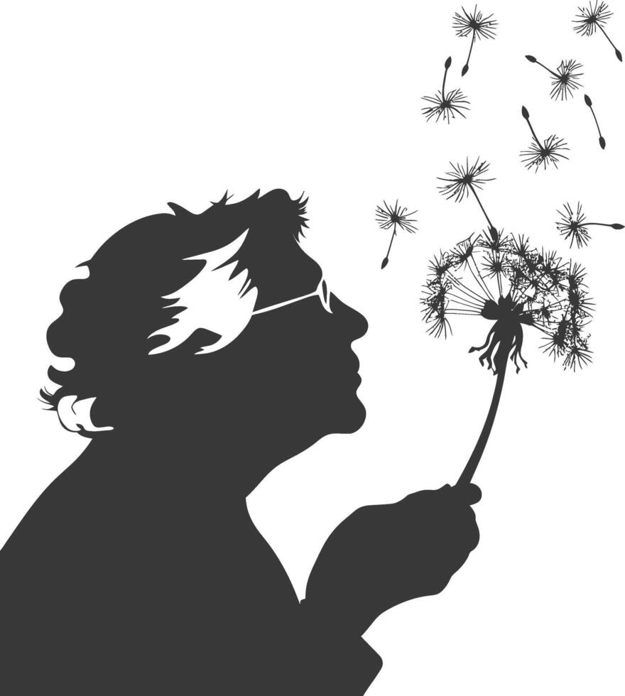 silhouette elderly woman blows dandelion flower black color only vector