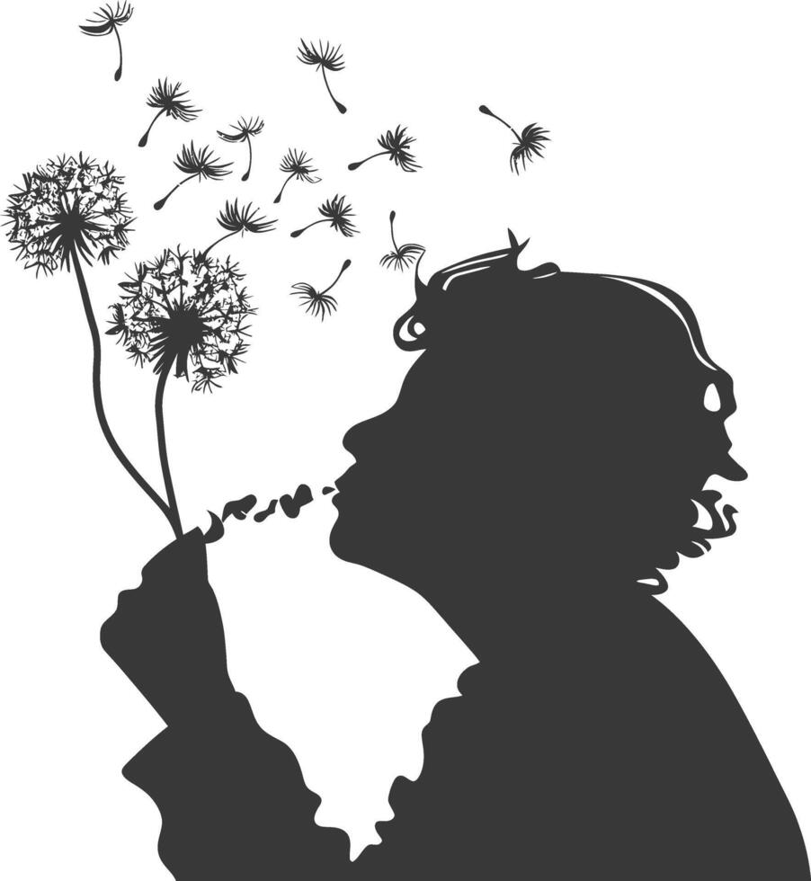 silhouette elderly woman blows dandelion flower black color only vector