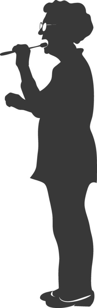 silhouette elderly woman brushing his teeth in front of mirror black color only vector