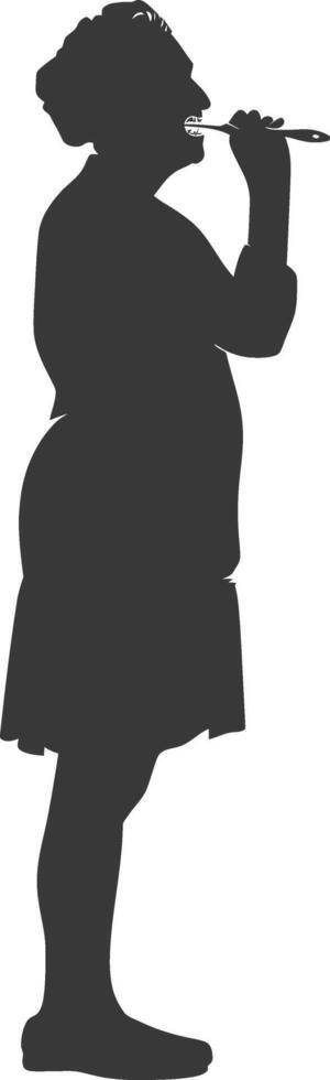 silhouette elderly woman brushing his teeth in front of mirror black color only vector