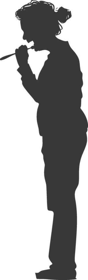 silhouette elderly woman brushing his teeth in front of mirror black color only vector