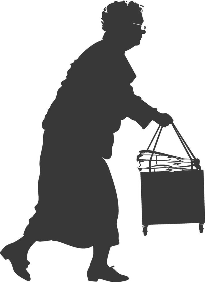 silhouette elderly woman carry goods in loader box black color only vector
