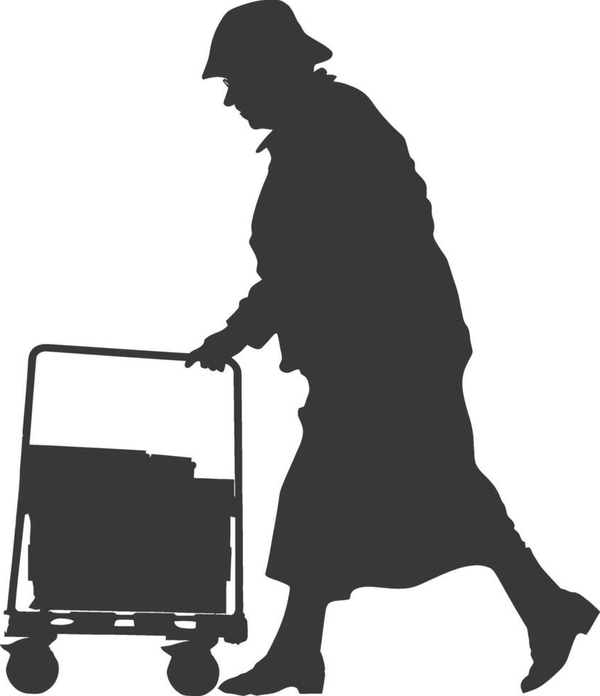 silhouette elderly woman carry goods in loader box black color only vector
