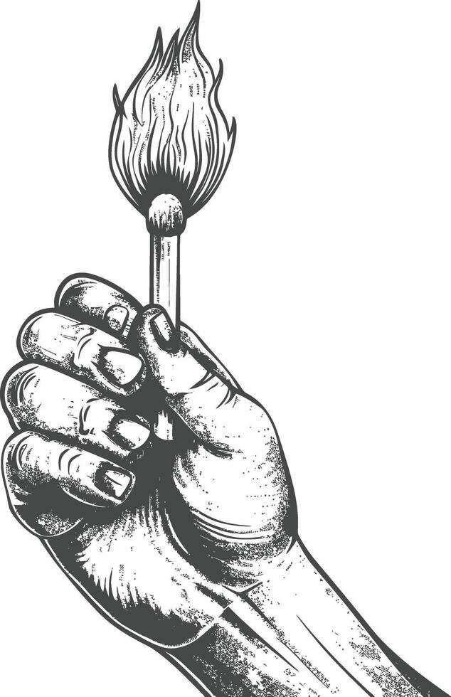 hand holding burning match with engraving style black color only vector