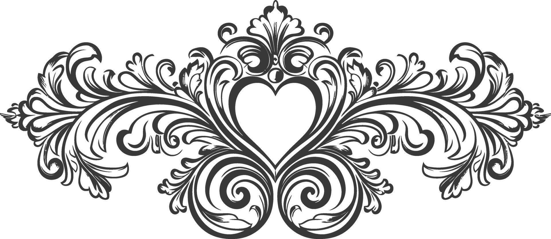 horizontal line divider with Hearth shape Baroque engraving style black color only vector