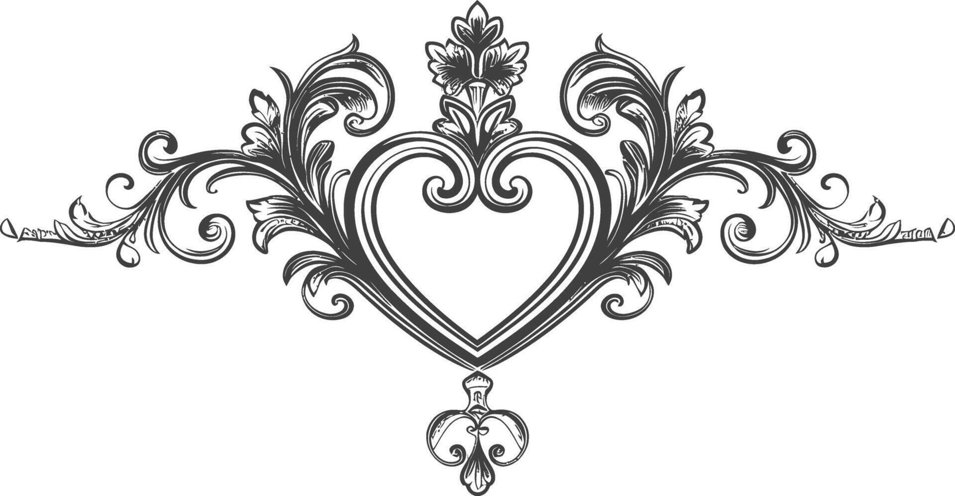 horizontal line divider with Hearth shape Baroque engraving style black color only vector