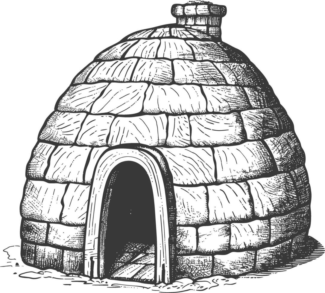 igloo the Eskimo tribal House with engraving style black color only vector