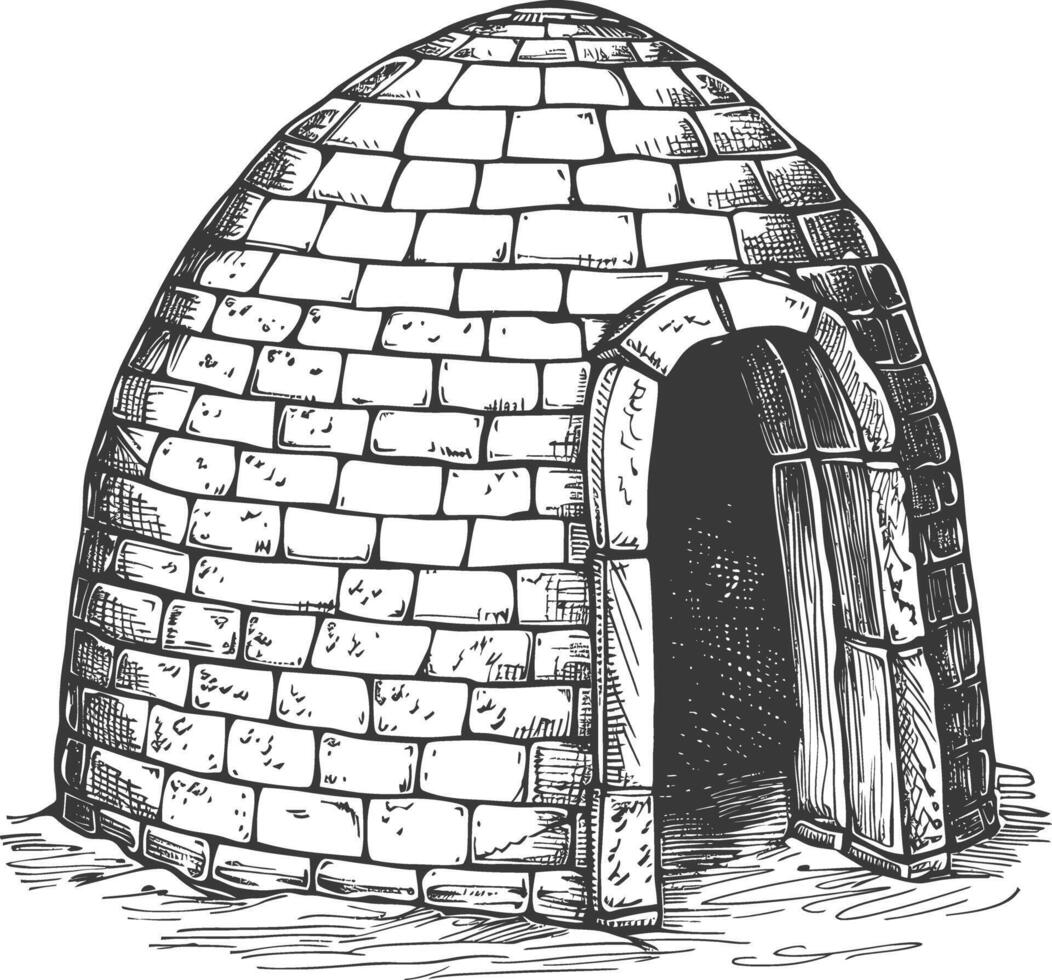 igloo the Eskimo tribal House with engraving style black color only vector