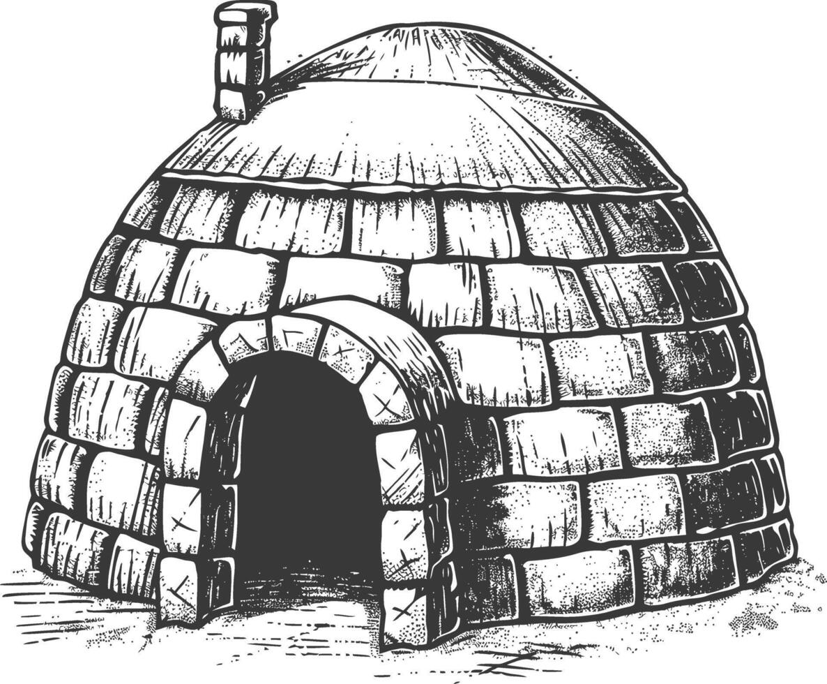 igloo the Eskimo tribal House with engraving style black color only vector