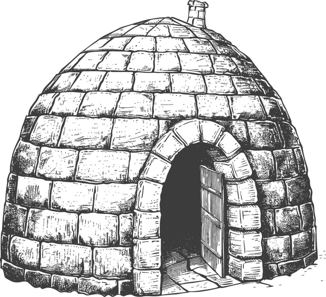 igloo the Eskimo tribal House with engraving style black color only vector
