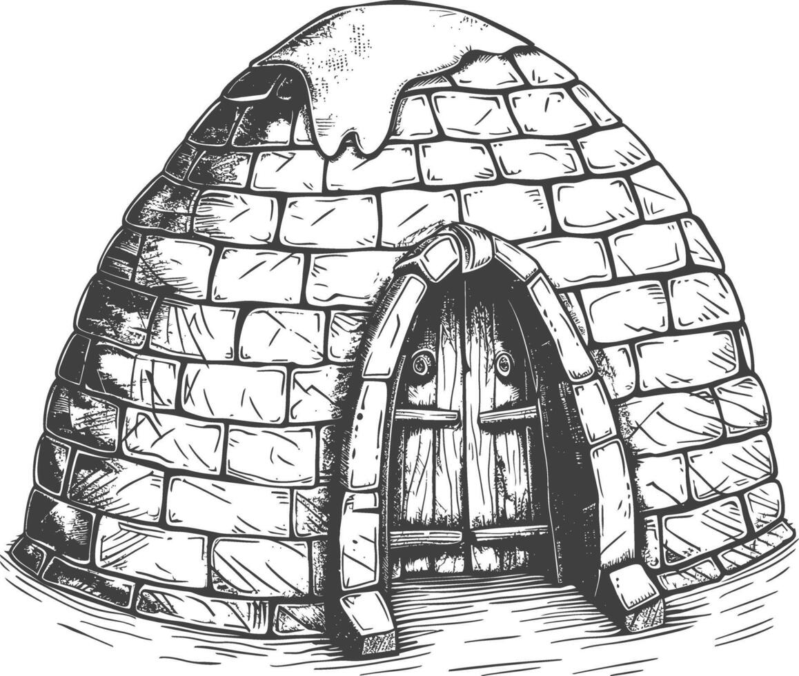 igloo the Eskimo tribal House with engraving style black color only vector