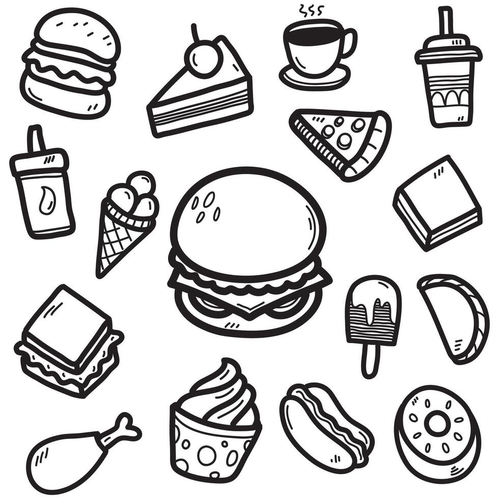line art doodle various kinds of food, blank white background, black and white, vector