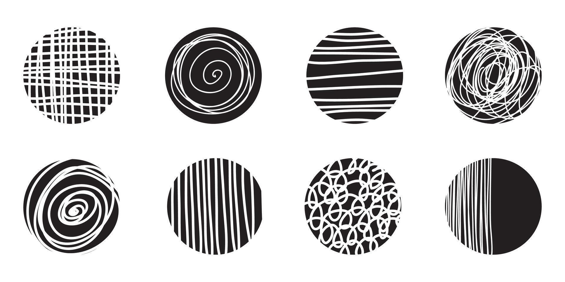 Set of round Abstract black Backgrounds or Patterns. Hand drawn doodle shapes. Spots, drops, curves, Lines. Contemporary modern trendy illustration. Posters, Social media Icons templates vector