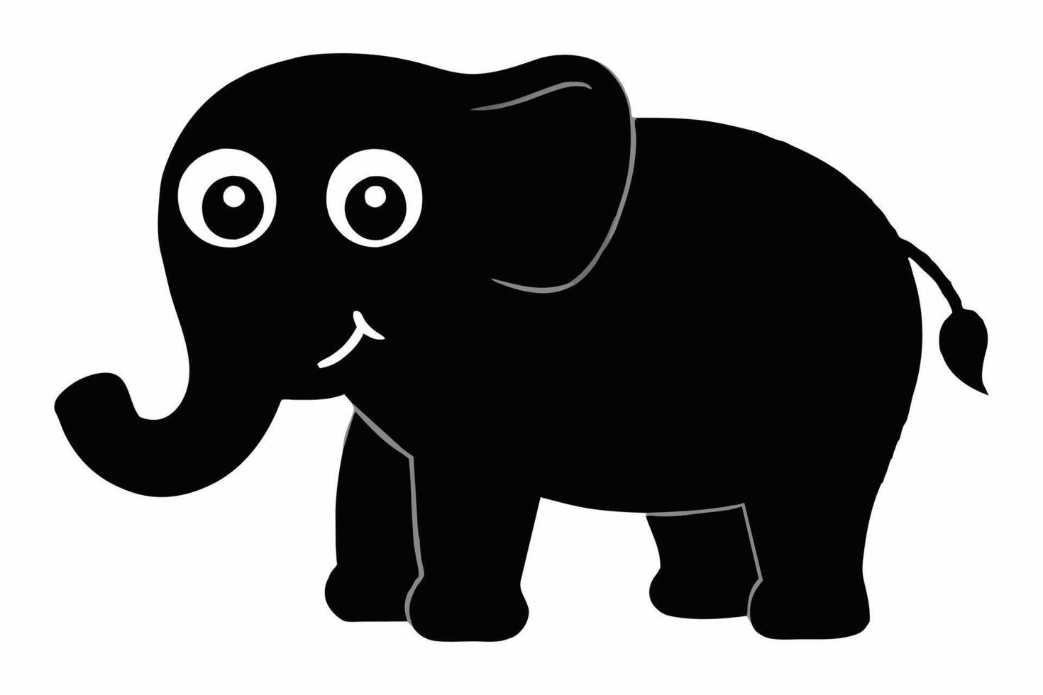 Cute black elephant cartoon with big ears and wide eyes. Baby animal, adorable illustration, childrens art, playful design concept. Black silhouette isolated on white backdrop vector