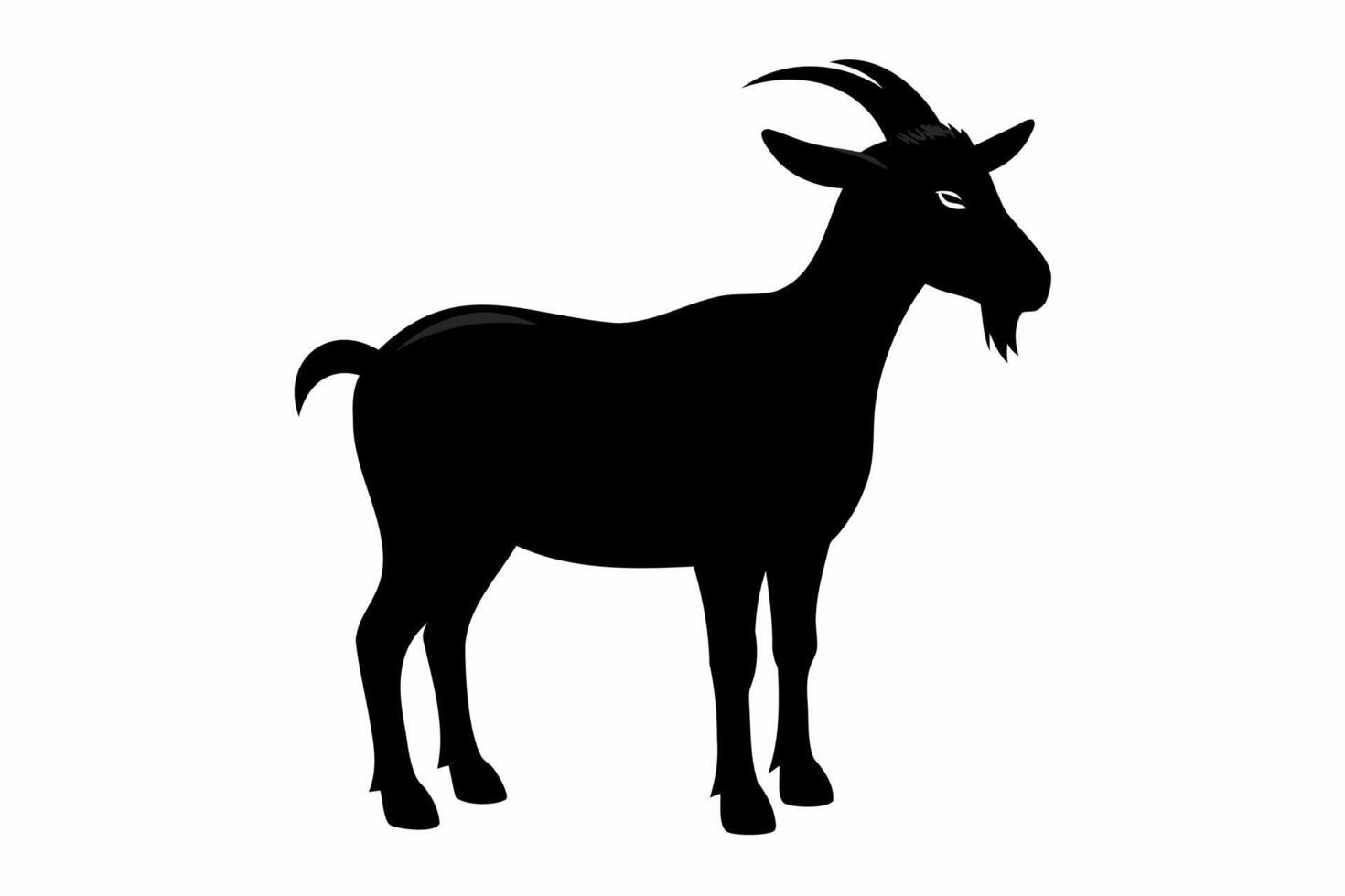 Silhouette of a goat with curved horns. Animal illustration. Wildlife concept. Farm, livestock, nature, rural scene. Black silhouette isolated on white background. vector