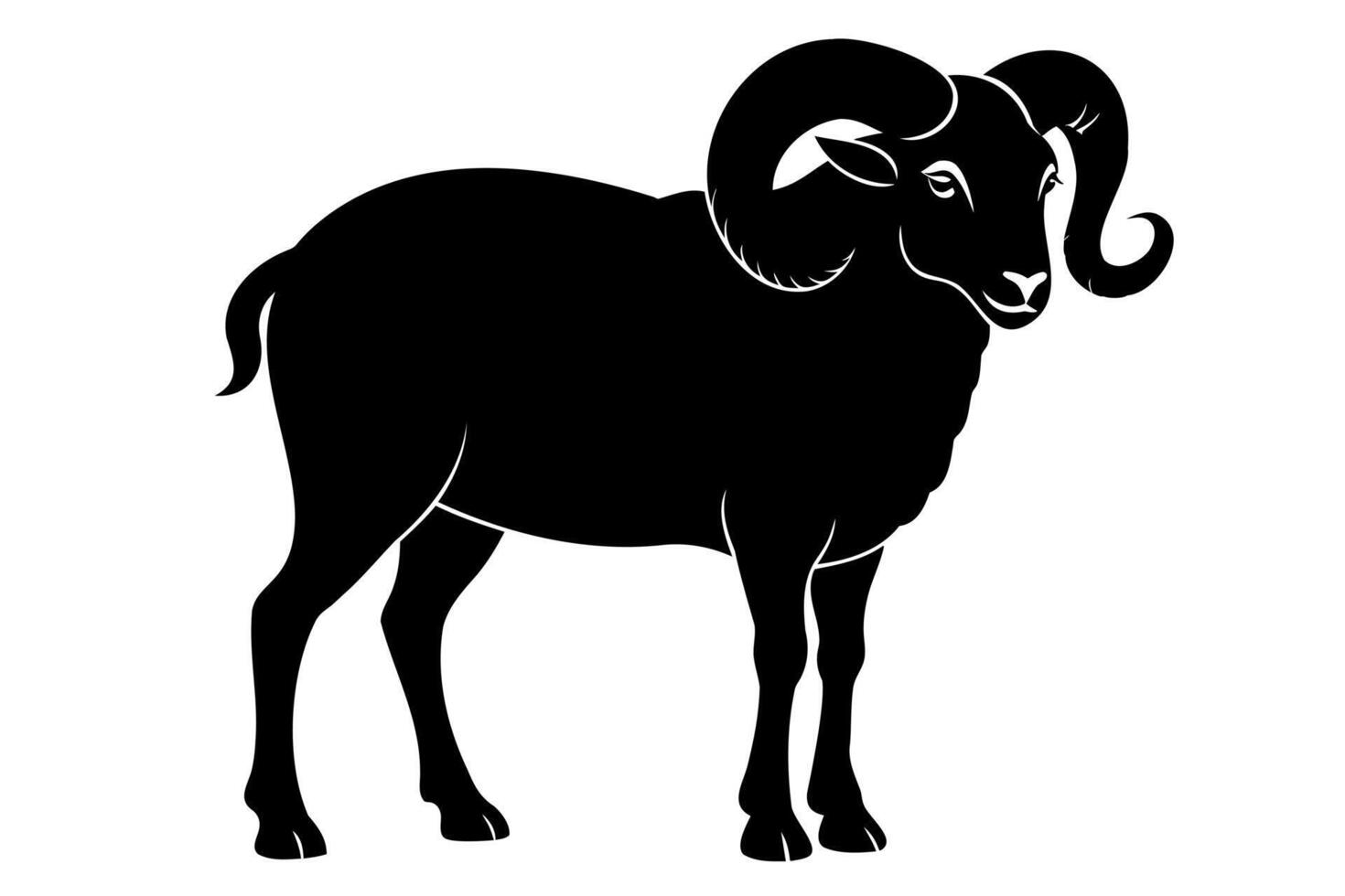 Black silhouette of a standing male ram with curled horns. Sheep concept, animal icon, livestock design, agriculture theme. Black silhouette isolated on white background. vector