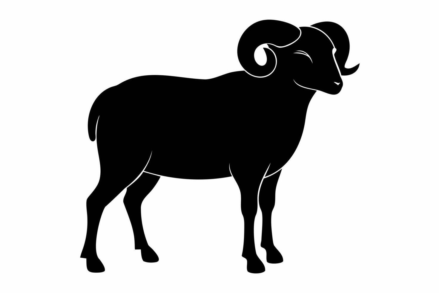 Black silhouette of a standing male ram with curled horns. Sheep concept, animal icon, livestock design, agriculture theme. Black silhouette isolated on white background. vector