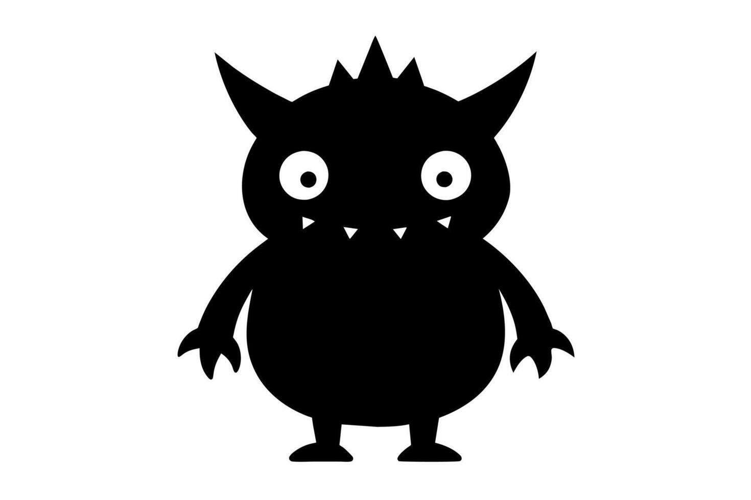 Monochromatic cartoon monster with claws and horns. Fantasy creature, scary character concept, horror theme. Black silhouette isolated on white background. vector