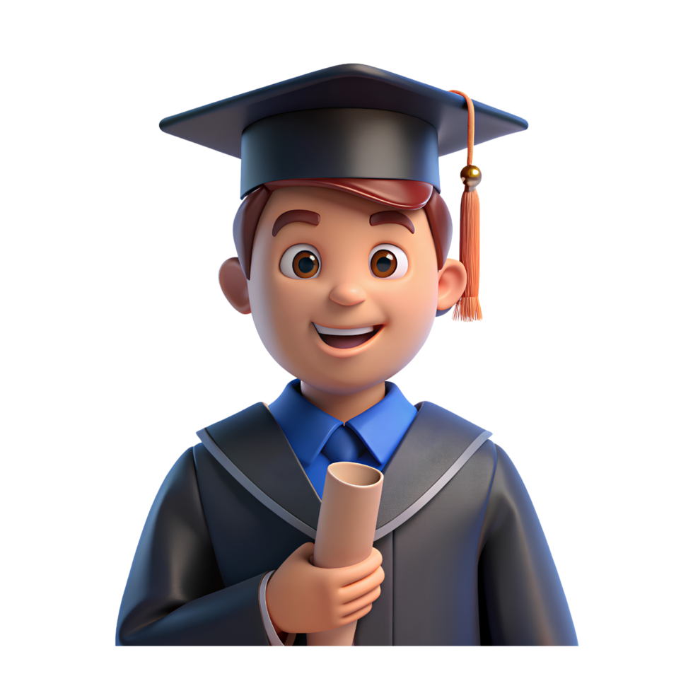 A proud graduate in a cap and gown holding a diploma. png