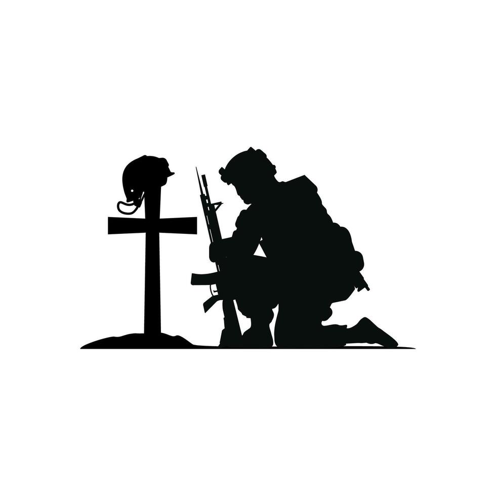 Silhouette of a kneeling soldier. vector