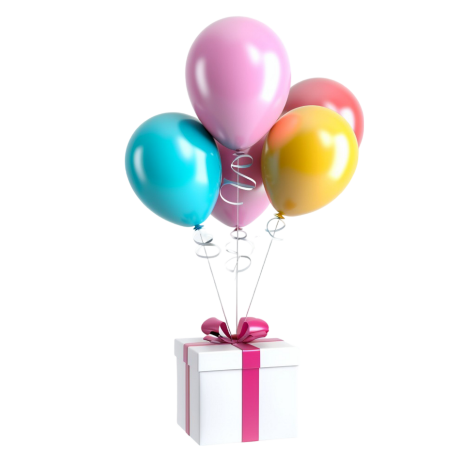 Birthday gift with balloons on transparent background. png