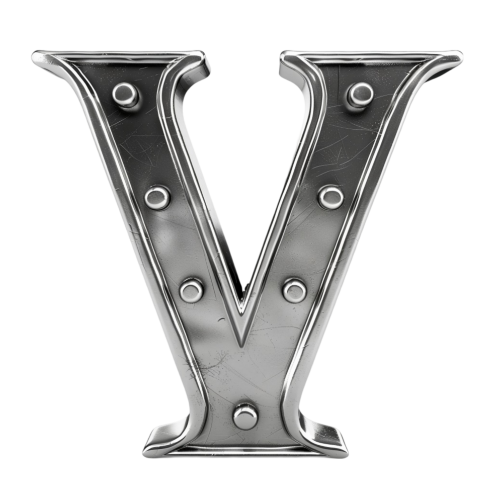 Metal letter v with rivets on a transparent background. png