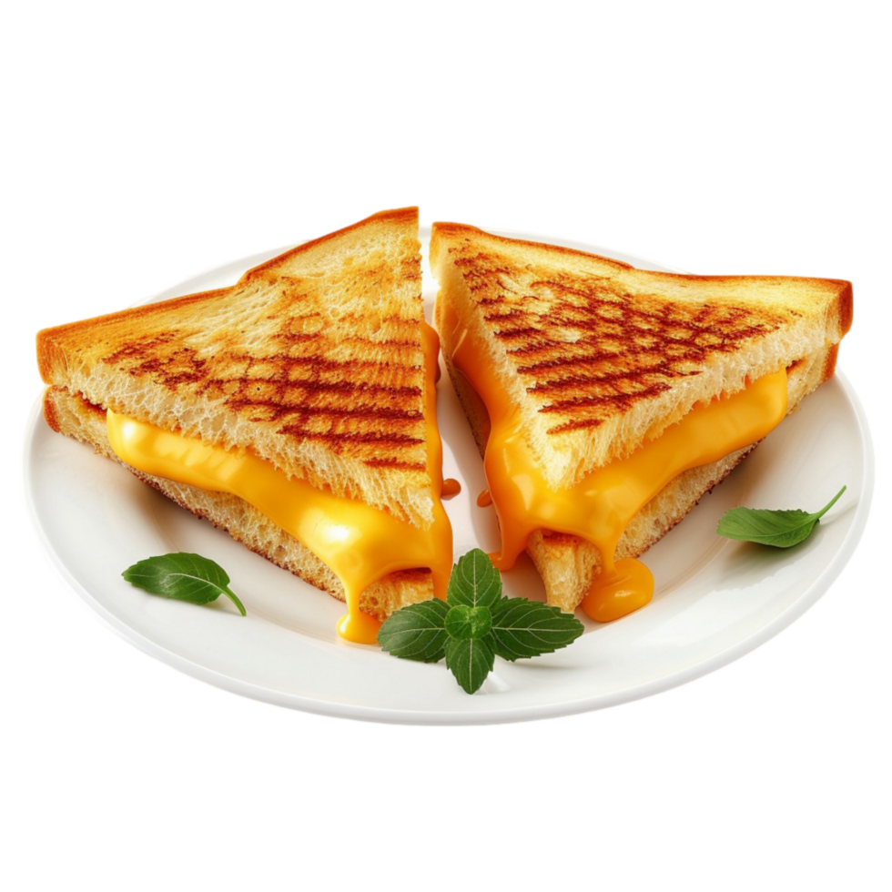 Grilled cheese sandwich on a plate with mint leaves on transparent background. png