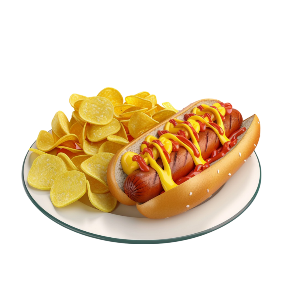 Hot dog with ketchup and chips on a plate on transparent background. png