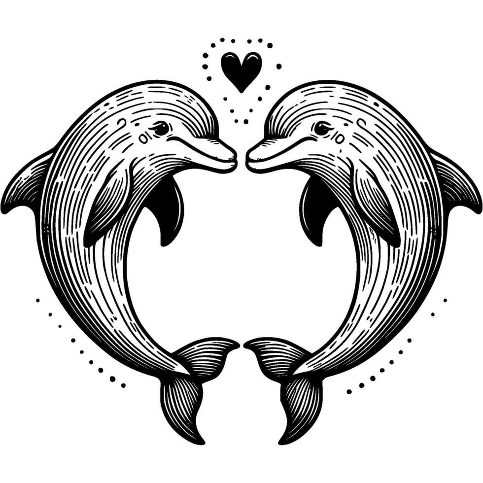 Couple of dolphins in love in monochrome. Young dolphin family. Simple minimalistic in black ink drawing on white background vector