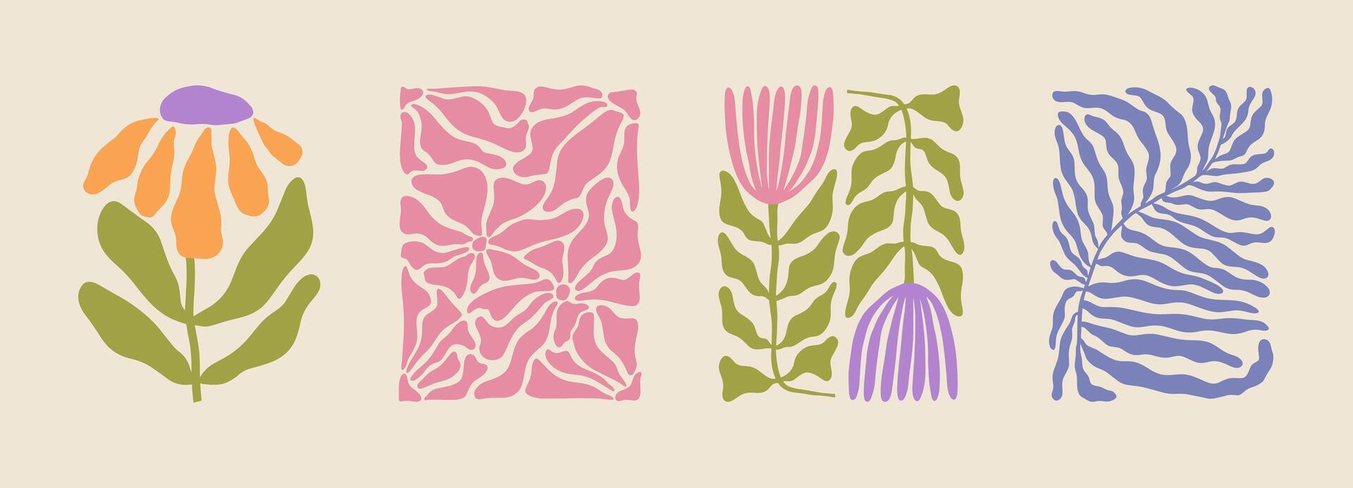 Trendy aesthetic posters with abstract groovy floral shape with flowers and leaves. Simple irregular wild plants. Naive funky prints for wall art, interior decorations. Boho summer illustrations vector