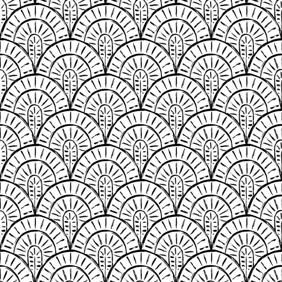 Aesthetic Contemporary printable seamless pattern with abstract line, dot, shape brush stroke in black and white colors. Boho background in minimalist style Illustration for wallpaper fabric vector