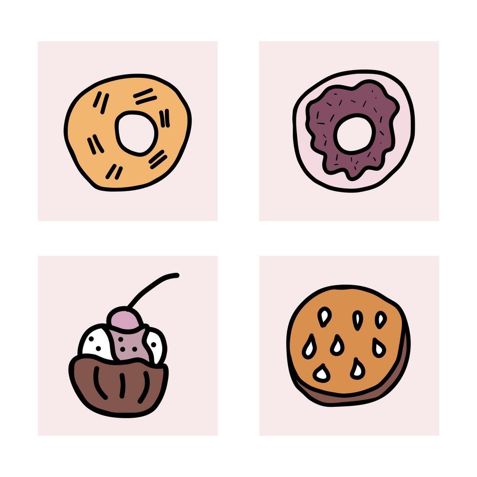 Dessert set elements in doodle style. vector