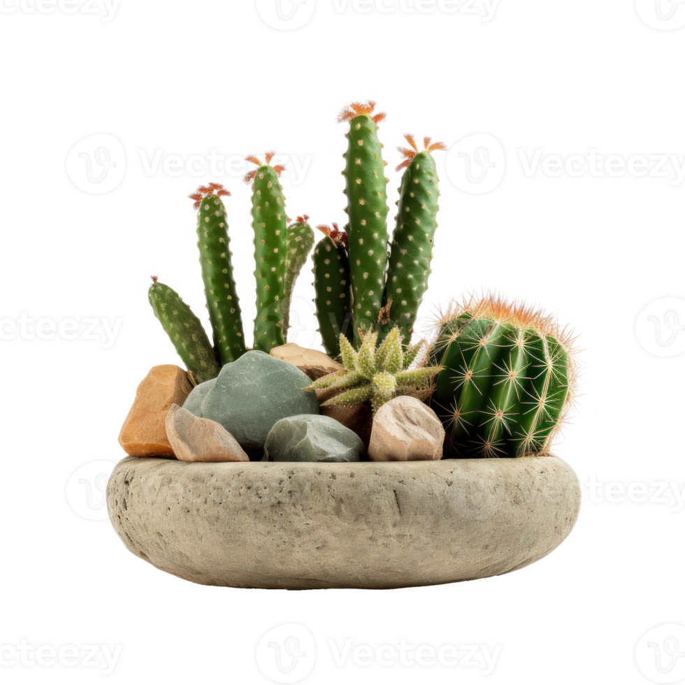 Variety Of Cactus Plants In A Decorative Concrete Bowl Pot. Isolated on Background png