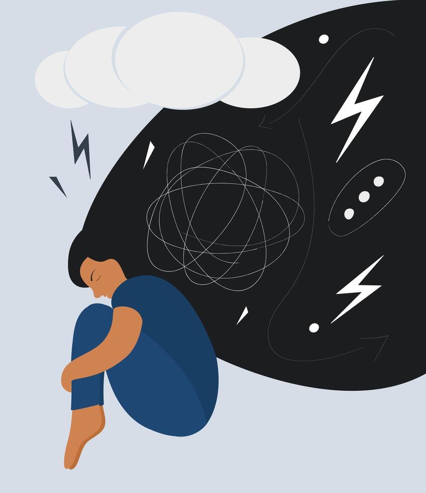 Depressed teen girl or woman with flowing hair. Mental illness. Illustration of mental health concept. vector