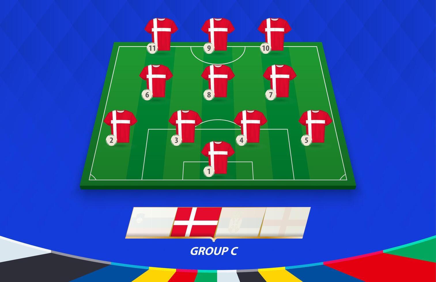 Football field with Denmark team lineup for European competition. vector