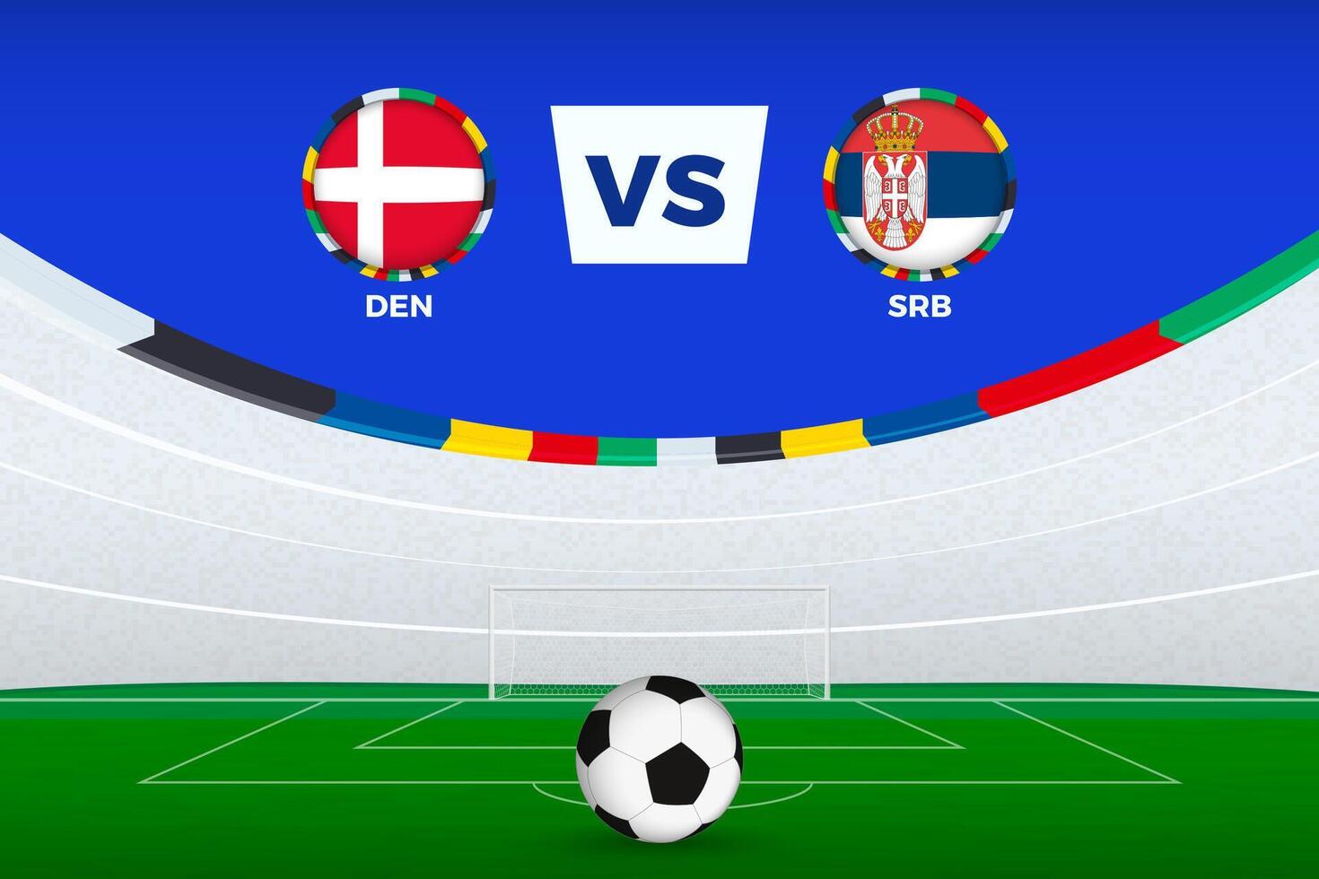 Illustration of stadium for football match between Denmark and Serbia, stylized template from soccer tournament. vector