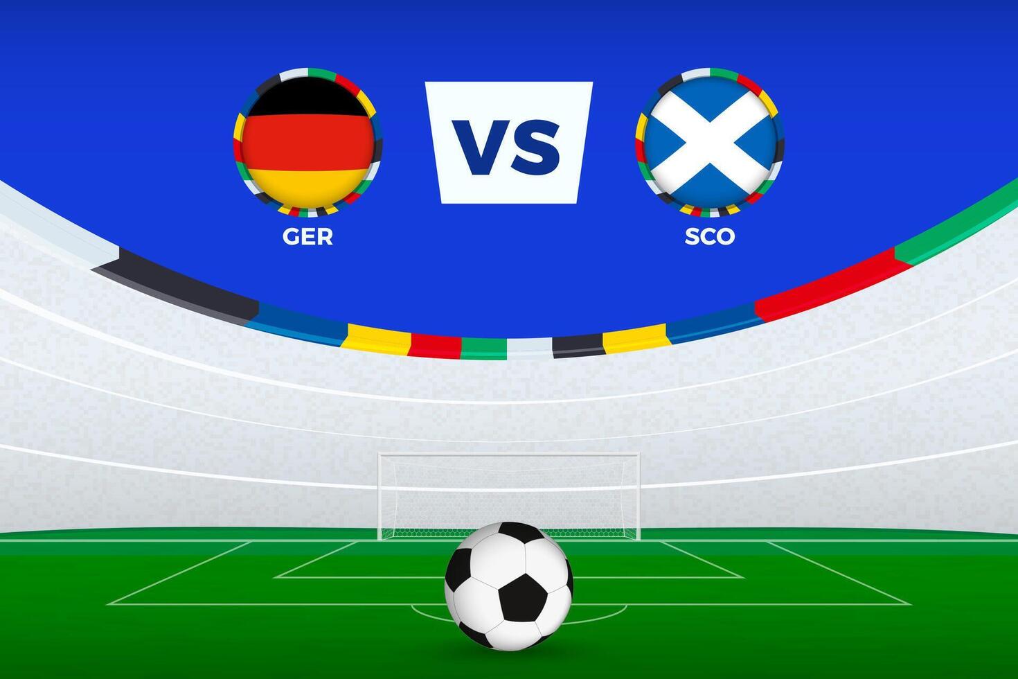 Illustration of stadium for football match between Germany and Scotland, stylized template from soccer tournament. vector